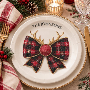 Red Buffalo Plaid Christmas Bow Paper Plates