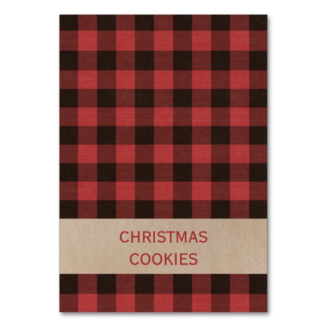 Red Buffalo Plaid Christmas Buffet Food Labels Table Number (Front)