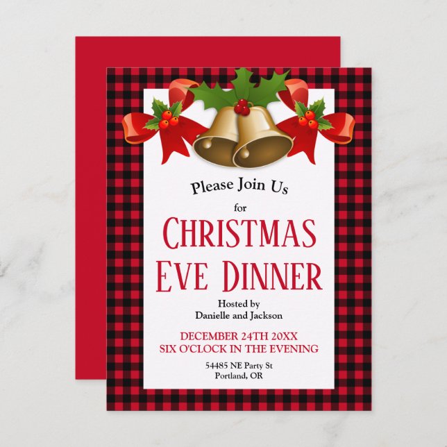 Red Buffalo Plaid Christmas Eve Dinner Invitation (Front/Back)