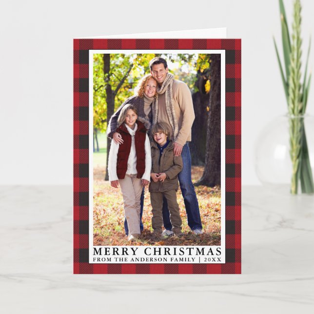 Red Buffalo Plaid Christmas Family Photo Fold Holiday Card (Front)