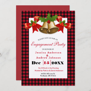 Red Buffalo Plaid Christmas Holiday Holly Bells Invitation