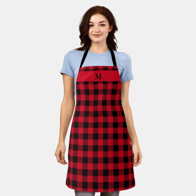 Red Buffalo Plaid Christmas monogram Personalised Apron (Worn)