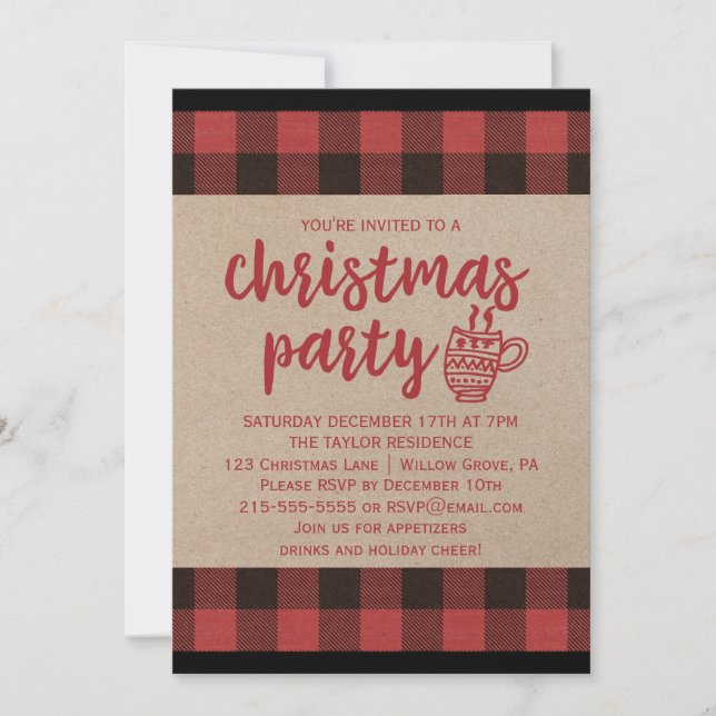 Red Buffalo Plaid Christmas Party Invitation (Front)