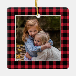 Red Buffalo Plaid Christmas Photo Ceramic Ornament