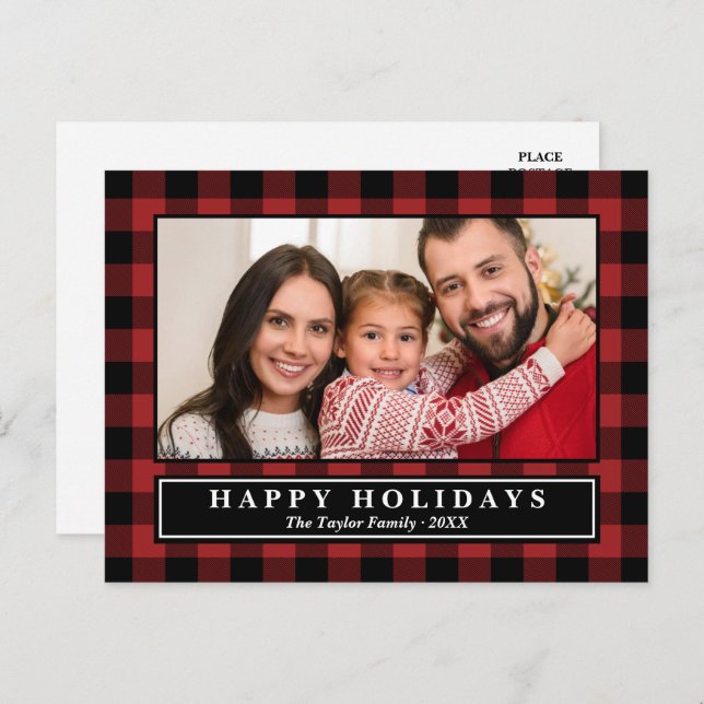 Red Buffalo Plaid Christmas Photo Holiday Postcard (Front/Back)