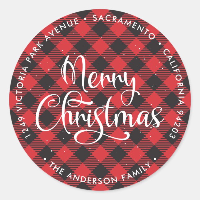 Red Buffalo Plaid Christmas Return Address Labels (Front)