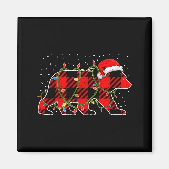Red Buffalo Plaid Christmas Tree Light Bear Pajama Magnet (Front)