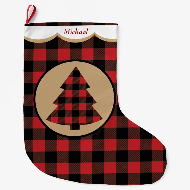 Red Buffalo Plaid Christmas Tree Personalised Large Christmas Stocking (Front)