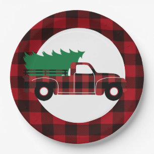 Red Buffalo Plaid Christmas Truck Paper Plate
