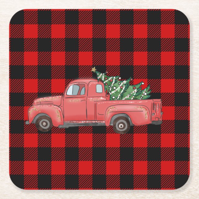 Red Buffalo Plaid Christmas Truck Square Paper Coaster (Front)