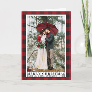 Red Buffalo Plaid Christmas Wedding Photo Fold Holiday Card