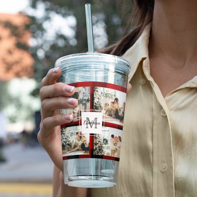 Red Buffalo Plaid & Collage Photo With Initial  Acrylic Tumbler (Creator Uploaded)