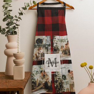 Red Buffalo Plaid & Collage Photo With Initial  Apron