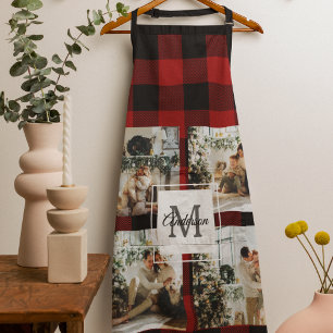 Red Buffalo Plaid & Collage Photo With Initial Apron