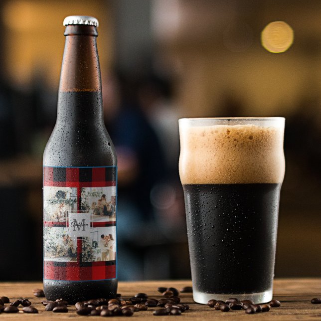 Red Buffalo Plaid & Collage Photo With Initial  Beer Bottle Label (Creator Uploaded)
