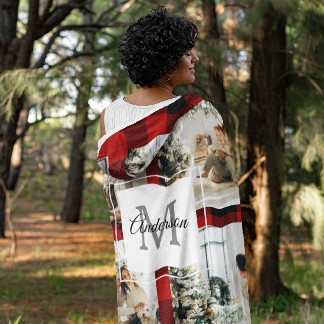 Red Buffalo Plaid & Collage Photo With Initial  Fleece Blanket (Creator Uploaded)