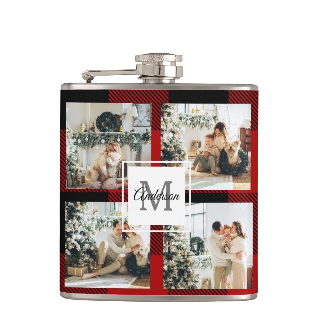Red Buffalo Plaid & Collage Photo With Initial  Hip Flask (Front)