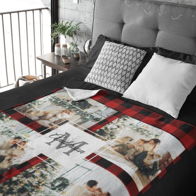 Red Buffalo Plaid & Collage Photo With Initial  Sherpa Blanket (Creator Uploaded)
