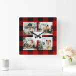 Red Buffalo Plaid & Collage Photo With Initial  Square Wall Clock<br><div class="desc">Red Buffalo Plaid & Collage Photo With Initial</div>