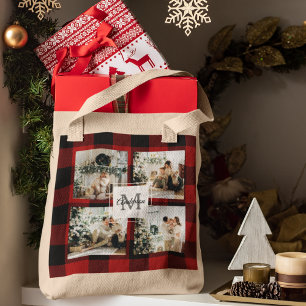 Red Buffalo Plaid & Collage Photo With Initial  Tote Bag