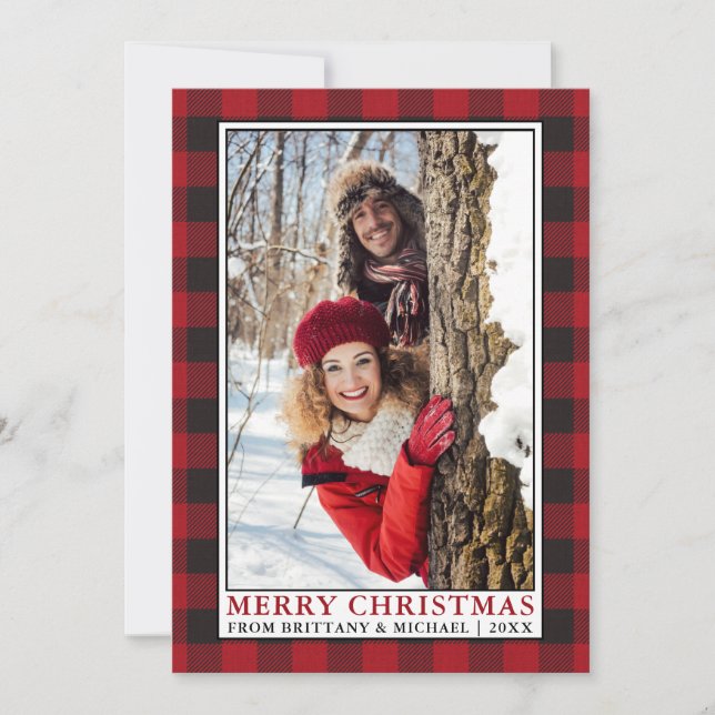 Red Buffalo Plaid Couple Framed Photo Christmas Holiday Card (Front)