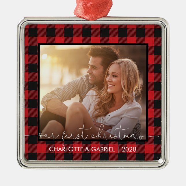 Red Buffalo Plaid Couple Our First Christmas Metal Ornament (Front)