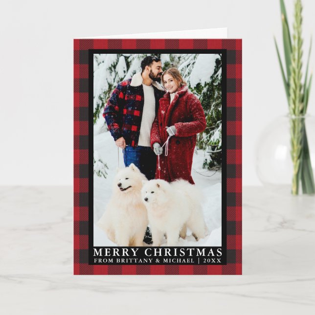 Red Buffalo Plaid Couple Photo Christmas Fold Holiday Card (Front)
