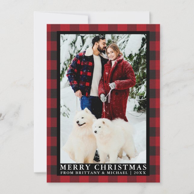 Red Buffalo Plaid Couple Photo Merry Christmas Holiday Card (Front)