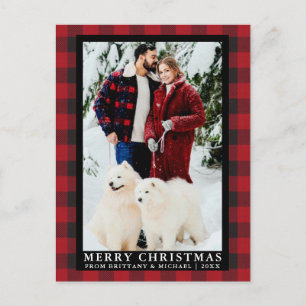 Red Buffalo Plaid Couple Photo Merry Christmas Postcard