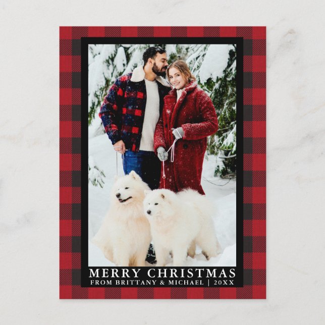 Red Buffalo Plaid Couple Photo Merry Christmas Postcard (Front)