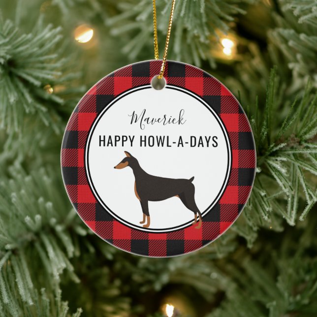 Red Buffalo Plaid Custom Doberman Dog Ornament (Tree)