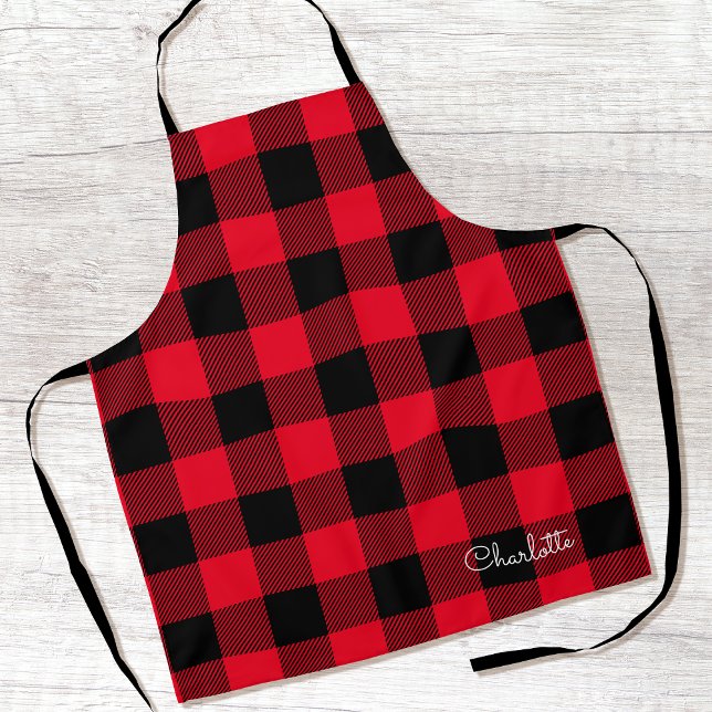 Red Buffalo Plaid Custom Name Rustic Christmas Apron (Creator Uploaded)