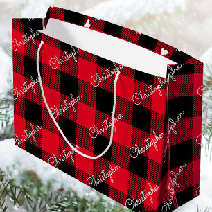Red Buffalo Plaid Custom Name Rustic Christmas Large Gift Bag