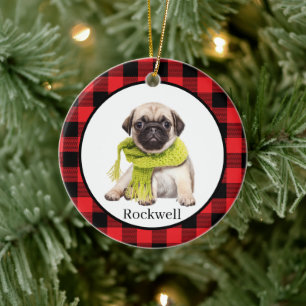 Red Buffalo Plaid Custom Pet Photo  Ceramic Ornament