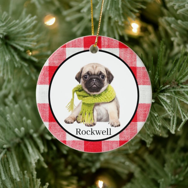 Red Buffalo Plaid Custom Pet Photo  Ceramic Ornament (Tree)