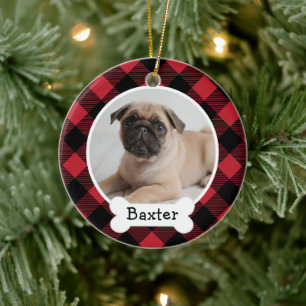 Red Buffalo Plaid Custom Pet Puppy Dog Photo Ceram Ceramic Ornament