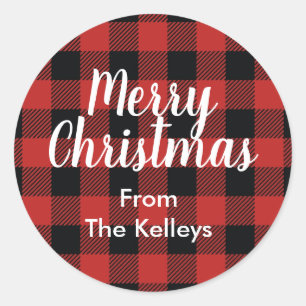 Red Buffalo Plaid, Custom Text Classic Round Sticker