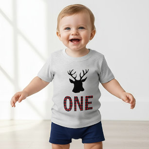 Red Buffalo Plaid Deer 1st Lumberjack Birthday Baby T-Shirt
