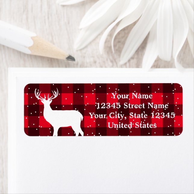 Red buffalo plaid deer Christmas return address Label (Insitu)