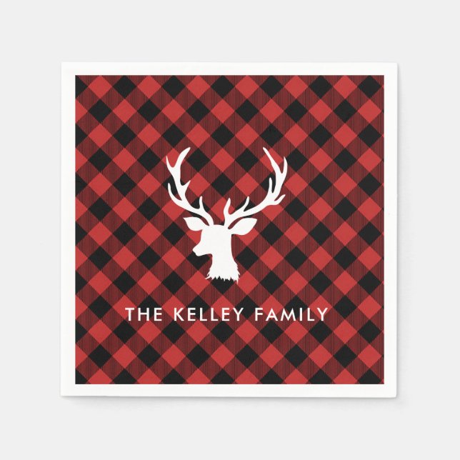 Red Buffalo Plaid Deer Head White Custom Napkin (Front)
