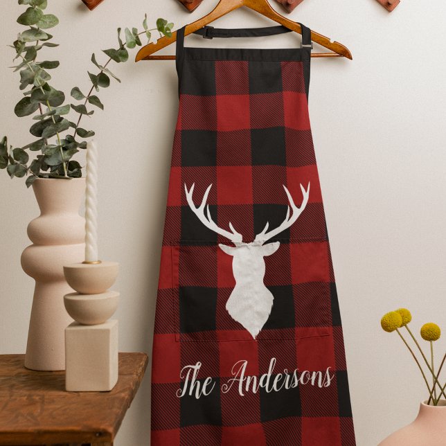 Red Buffalo Plaid & Deer | Personal Name Gift Apron (Creator Uploaded)