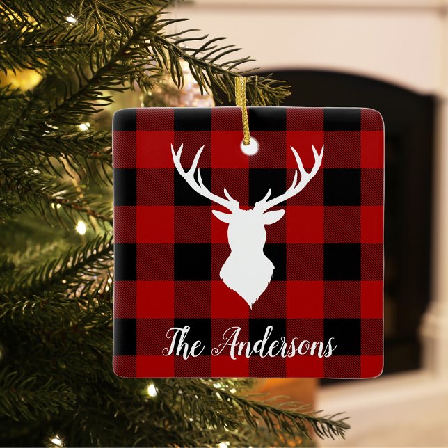 Red Buffalo Plaid & Deer | Personal Name Gift Ceramic Ornament (Creator Uploaded)