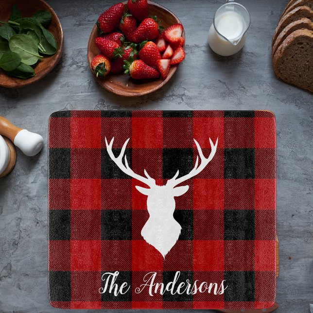 Red Buffalo Plaid & Deer | Personal Name Gift Cutting Board (Creator Uploaded)