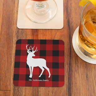 Red Buffalo Plaid & Deer Personal Name Gift Glass Coaster