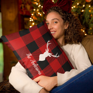 Red Buffalo Plaid & Deer   Personal Name Gift Lumbar Cushion