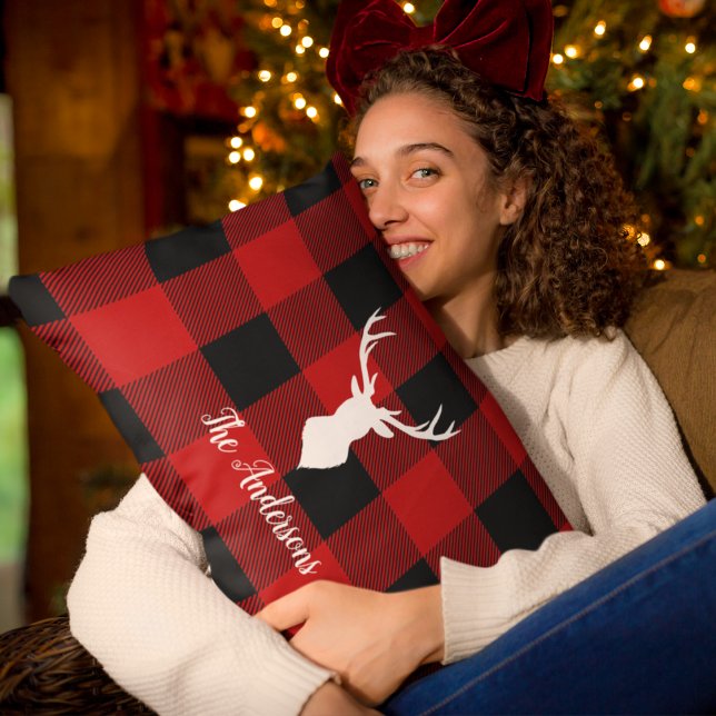 Red Buffalo Plaid & Deer | Personal Name Gift Lumbar Cushion (Creator Uploaded)