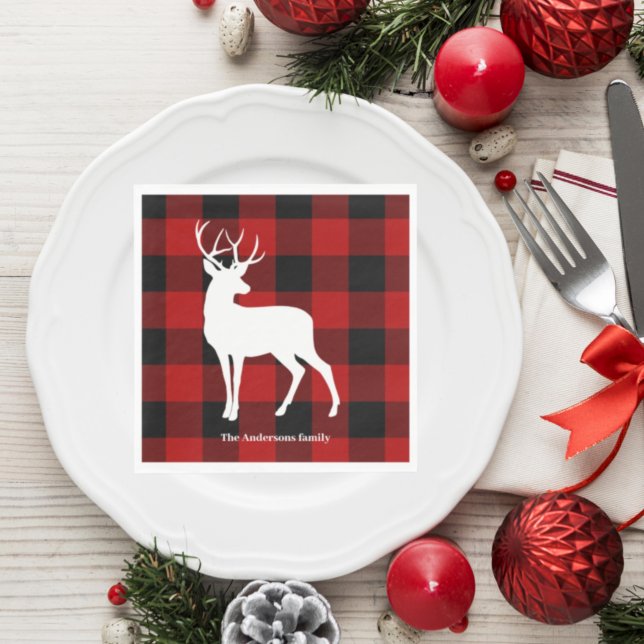 Red Buffalo Plaid & Deer | Personal Name Gift Napkin (Creator Uploaded)