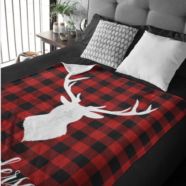 Red Buffalo Plaid & Deer | Personal Name Gift Sherpa Blanket (Creator Uploaded)