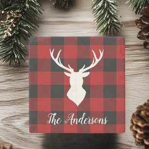 Red Buffalo Plaid & Deer Personal Name Gift Stone Coaster