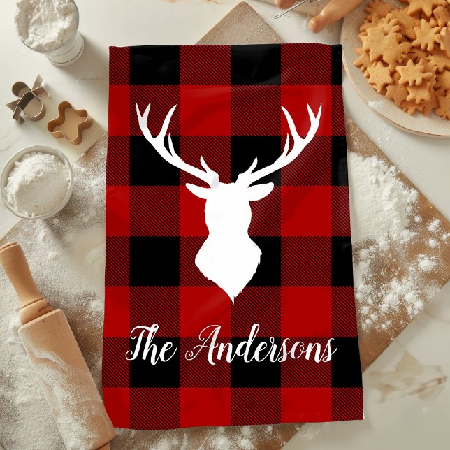 Red Buffalo Plaid & Deer | Personal Name Gift Tea Towel (Creator Uploaded)